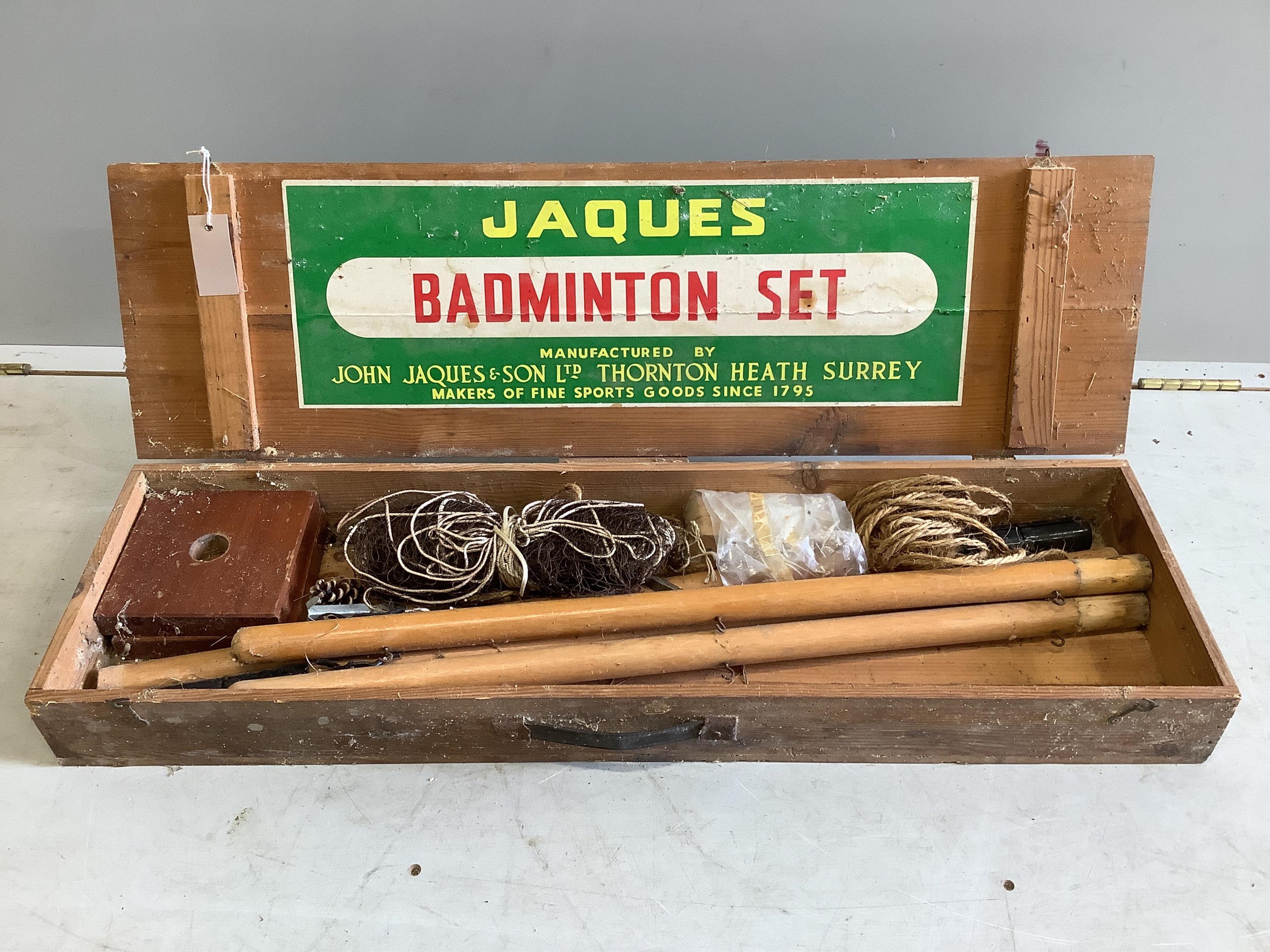 A vintage Jaques Badminton Set, pine cased. Condition - poor